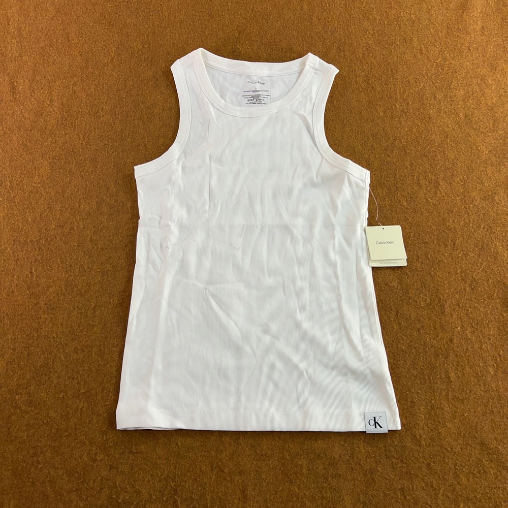 Calvin Klein Womens Medium White Ribbed Racerback Logo Tank Top NWT